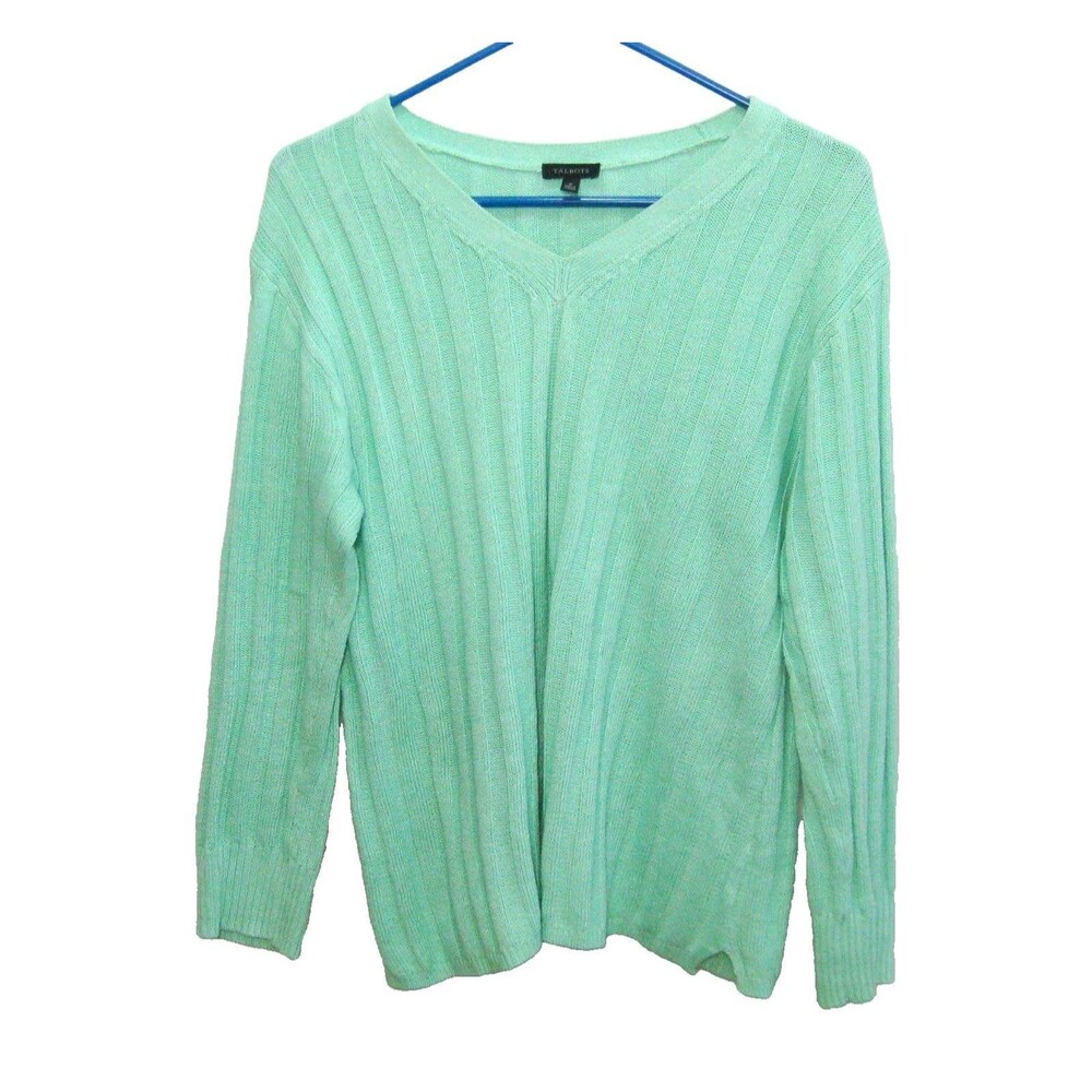 TALBOTS Women's (Size Medium) Green V-Neck Cable Knit Linen Blend Sweater Top